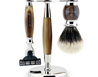 Perma Brands 3 Pc Brown Shaving Set Horn with Brush and Mach 3 Razor 