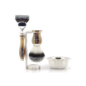 Antique Shaving Set with 5 Edge Compatible Razor, Synthetic Silver Tip Hair Brush, Brush, and Razor Stand & Bowl Perfect Gift Set for Men