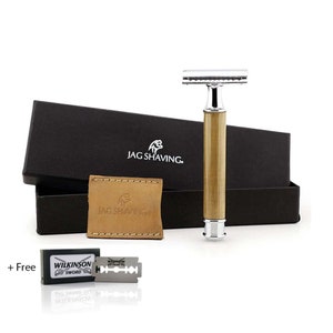 Double Edge Safety Razor Natural Bamboo Handle & Genuine Leather Protective Cover Zero Waste Shaver Perfect as a Gift for Men and Women