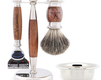 Vintage Handcrafted Shaving Set, 5 Edge Shaving Razor, Shaving Brush, Dual Shaving Stand & Stainless Steel Bowl Perfect Gift Set for Men