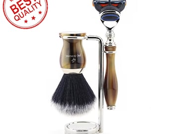 3-teiliges Herren Rasierset | 5-Kanten Rasierer, Synthetik-Pinsel & Ständer