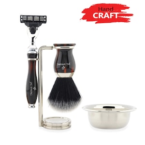 Wine Red Shade Handle Shaving Set with 3 Edge Razor, Black Synthetic Hair Shaving Brush, Bowl & Brush and Razor Stand  Perfect Gift Set