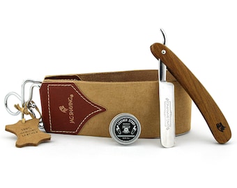 3Pc Cut Throat Razor Kit - Straight Razor - Double-Sided Strop - Honing Compound - Sustainable - Perfect Gift Set for Men