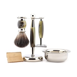 Luxury Shaving Set for Men - DE Safety Razor - Shaving Brush - Shaving Stand - Shaving Bowl & Razor Pouch Gift Set