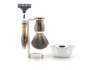 Premium Shaving Kit with 3 Edge Cartridge Razor, Synthetic Hair Brush, Bowl & Stand  Perfect Gift Set