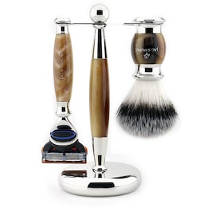 Best Quality 3Pcs Shaving Set for Men, 5 Edge Razor, Synthetic Hair Shaving Brush & Brush and Razor Stand with Fusion Razor, Best Gift Idea