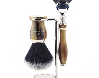 3 Piece Shaving kit for Men, 5 Edge Shaving Razor - Black Synthetic Hair Shaving Brush & Dual Shaving Stand Gift Set
