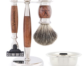 4 Pc Wooden Shaving Set with Super Hair Shaving Brush, 3 Edge Shaving Razor, Dual Shaving Stand & Stainless Steel Bowl, Perfect Clean Shave