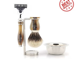 Luxury Tortilla Brown Handle Shaving Set for Men, 3 Edge Razor, Silver Tip Hair Shaving Brush, Dual Shaving Stand & Bowl Great Gift Set