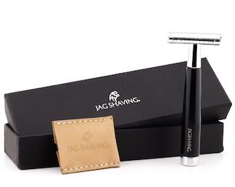 Double Edge Safety Razor with Black Aluminum Handle & Leather Case