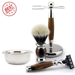 Artificial Horn Shaving Set, 3 Edge Cartridge Compatible Razor, Shaving Brush, Dual Shaving Stand & Stainless Steel Bowl, Perfect Gift Set