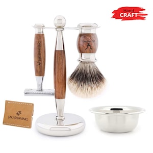 Hand Crafted Shaving Set for Men, Silver Tip Hair Shaving Brush, Double Edge Safety Razor, Dual Shaving Stand, Bowl & Razor Case Gift Set