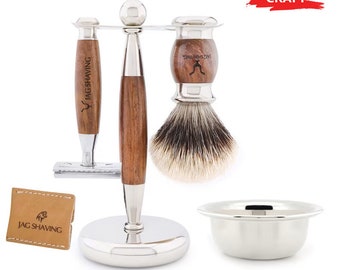 Hand Crafted Shaving Set for Men, Silver Tip Hair Shaving Brush, Double Edge Safety Razor, Dual Shaving Stand, Bowl & Razor Case Gift Set