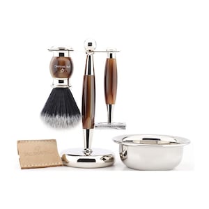 Luxury Brown Shaving Set for Men, DE Safety Razor, Synthetic Hair Brush, Dual Shaving Stand, Stainless Steel Bowl & Razor Case Gift Set