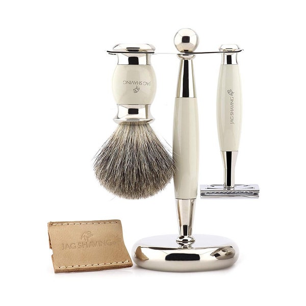 Double Edge Safety Razor Shaving Set,  Super Hair Shaving Brush - Dual Shaving Stand and Razor Case Perfect Gift Set for Men