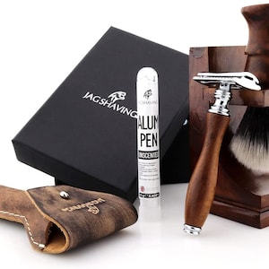 Hand Crafted Shaving Kit with Double Edge Safety Razor, Synthetic Hair Brush, Stand, Leather Pouch & Alum Pencil Perfect Gift Set for Men