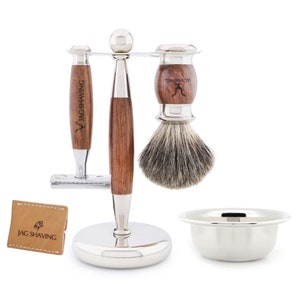 Hand Crafted Shaving Kit for Men, Double Edge Safety Razor, Shaving Brush, Dual Shaving Stand, Stainless Steel Bowl & Razor Case Gift Set