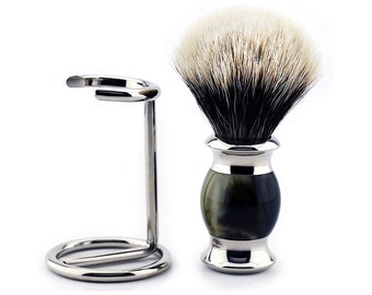 Silver Tip Hair Shaving Brush with Horn Replica Handle & Stainless Steel Shaving Brush Stand, Brush Holder the Perfect Gift Set idea for Men