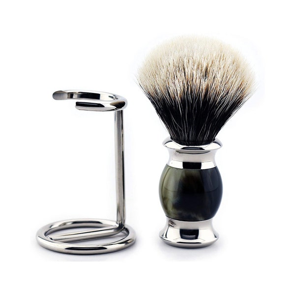 Silver Tip Hair Shaving Brush with Horn Replica Handle & Stainless Steel Shaving Brush Stand, Brush Holder the Perfect Gift Set idea for Men