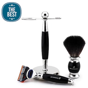 3 Piece Shaving Kit for Men, 5 Edge Razor - Pure Black Synthetic Hair Shaving Brush & Dual Shaving Stand Gift Set