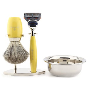 Yellow Luxury Resin Shaving Set with 5-Edge Shaving Razor, Super Hair Shaving Brush, Brush and Razor Stand & Shaving Bowl, Best Gift Idea