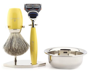 Yellow Luxury Shaving Kit for Men, 5 Edge Razor - Super Hair Shaving Brush - Dual Shaving Stand & Bowl Gift Set