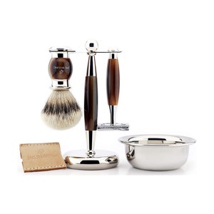 Premium Quality Shaving Kit, Double Edge Safety Razor, Silver Tip Hair Shaving Brush, Dual Shaving Stand & Bowl Perfect Gift Set