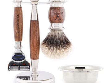 Handcrafted Wooden Shaving Set with 5 Edge Razor, Silver Tip Hair Brush, Shaving Stand & Stainless Steel Bowl, The Best Gift Idea for Men