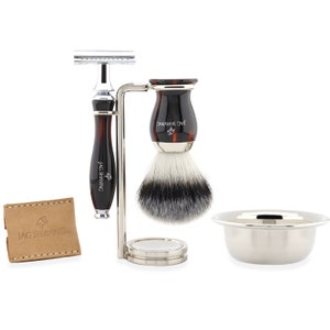 Premium Quality Shaving Kit with Double Edge Safety Razor, Synthetic Silver Tip Hair Shaving Brush, Bowl and Stand Perfect Gift Set