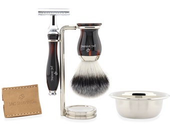 Kit de afeitado húmedo hecho a mano: maquinilla de afeitar de doble filo, brocha con punta plateada, soporte y cuenco.