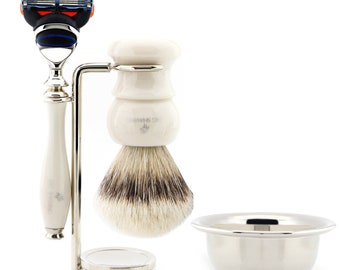Ivory Color Shaving Set, 5 Edge Razor, Silver Tip Hair Shaving Brush, Stainless Steel Bowl & Shaving Stand, The Best Gift Idea for Men