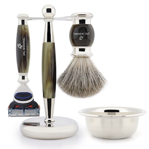 Luxury Resin Shaving Set, 5 Edge Razor, Super Hair Brush, Dual Shaving Stand & Stainless Steel Bowl Perfect Clean Shave Set