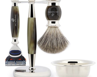 Luxury Green Resin Shaving Set, 5 Edge Razor, Super Hair Brush, Dual Shaving Stand & Stainless Steel Bowl Perfect Clean Shave Gift Set