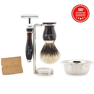 Classic Shaving Kit with Double Edge Safety Razor, Silver Tip Hair Shaving Brush, Dual Shaving Stand and Bowl Perfect Gift Set for Men