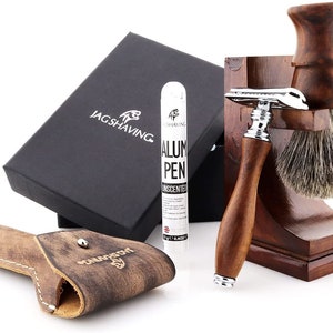 Mens Shaving Kit with Double Edge Safety Razor, Super Hair Brush, Stand, Leather Pouch & Alum Pencil Perfect Gift Set for Men