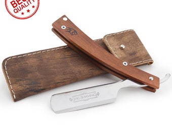 Navaja de afeitar profesional / Mango de madera, funda de cuero