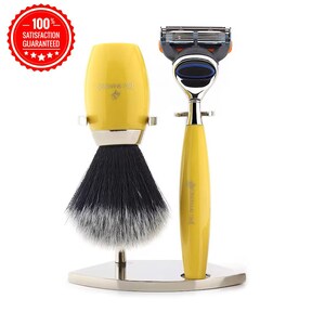 Luxury Yellow Men&#39;s Shaving Kit with 5 Edge Cartridge Razor, Black Synthetic Hair Shaving Brush & Brush, and Razor Stand Perfect Gift Set