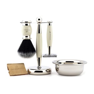 Shaving Set with Ivory Color for Men, DE Safety Razor, Leather Pouch, Black Synthetic Hair Shaving Brush, Bowl and Stand Perfect Gift Set