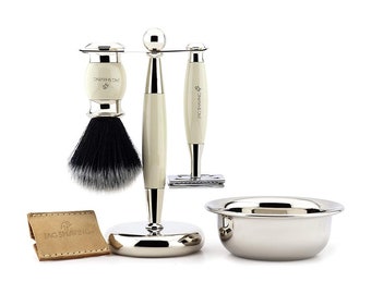 Set de afeitado para hombre hecho a mano: maquinilla de afeitar de seguridad DE, brocha sintética y funda de cuero