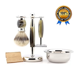 Luxury Shaving Kit with Double Edge Safety Razor, Silver Tip Hair Shaving Brush, Dual Shaving Stand, Shaving Bowl & Razor Case Best Gift Set