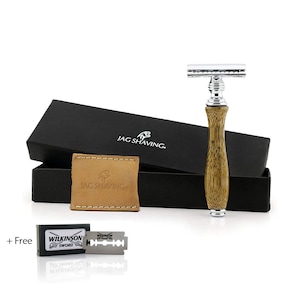 Bamboo Double Edge Safety Razor Natural Wood and steel Handle Shaving Razor with Genuine Leather Protective Cover in a Branded Gift Box