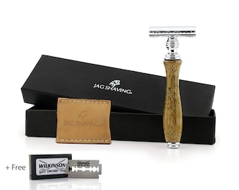 Bamboo Double Edge Safety Razor Natural Wood and steel Handle Shaving Razor with Genuine Leather Protective Cover in a Branded Gift Box