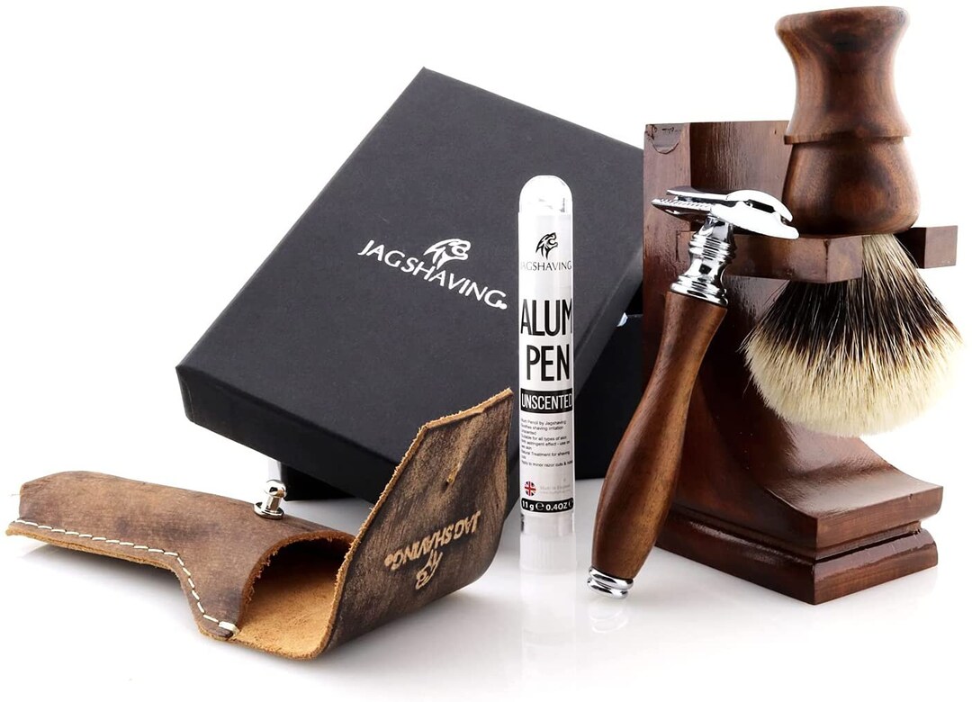 Double Edge Shaving Razor Set Wooden Shaving Set With Double Edge Safety Razor, Silver Tip Hair ...