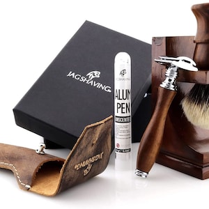 Wooden Shaving Set with Double Edge Safety Razor, Silver Tip Hair Shaving Brush, Stand, Leather Pouch & Alum Pencil Perfect Gift Set for Men