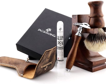 Handmade Shaving Kit with Double Edge Safety Razor, Silver Tip Shaving Brush, Stand, Leather Pouch & Alum Pencil Perfect Gift Set for Men