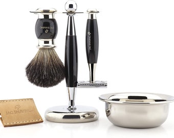Set de afeitado para hombre de 5 piezas en color negro: maquinilla de afeitar de seguridad, brocha, cuenco y soporte