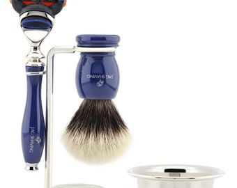 Blue Resin Shaving Set with 5 Edge shaving Razor, Silver Tip Hair Shaving Brush, Shaving Stand & Stainless Steel Bowl, The Best Gift Idea