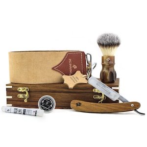 Hand Crafted Shaving Kit, Straight Cut Throat Razor, Synthetic Silver Tip Hair Shaving Brush, Strop, Comes in a Wooden Box Perfect Gift Set