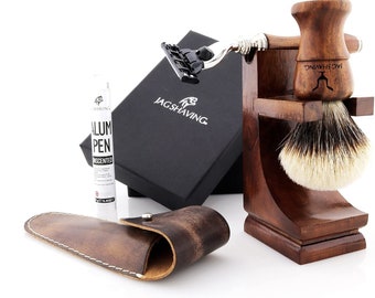 Shaving Kit with 3 Edge Shaving Razor, Silver Tip Hair Shaving Brush, Shaving Stand, Razor Pouch & Alum Stick Perfect Gift Set for Men