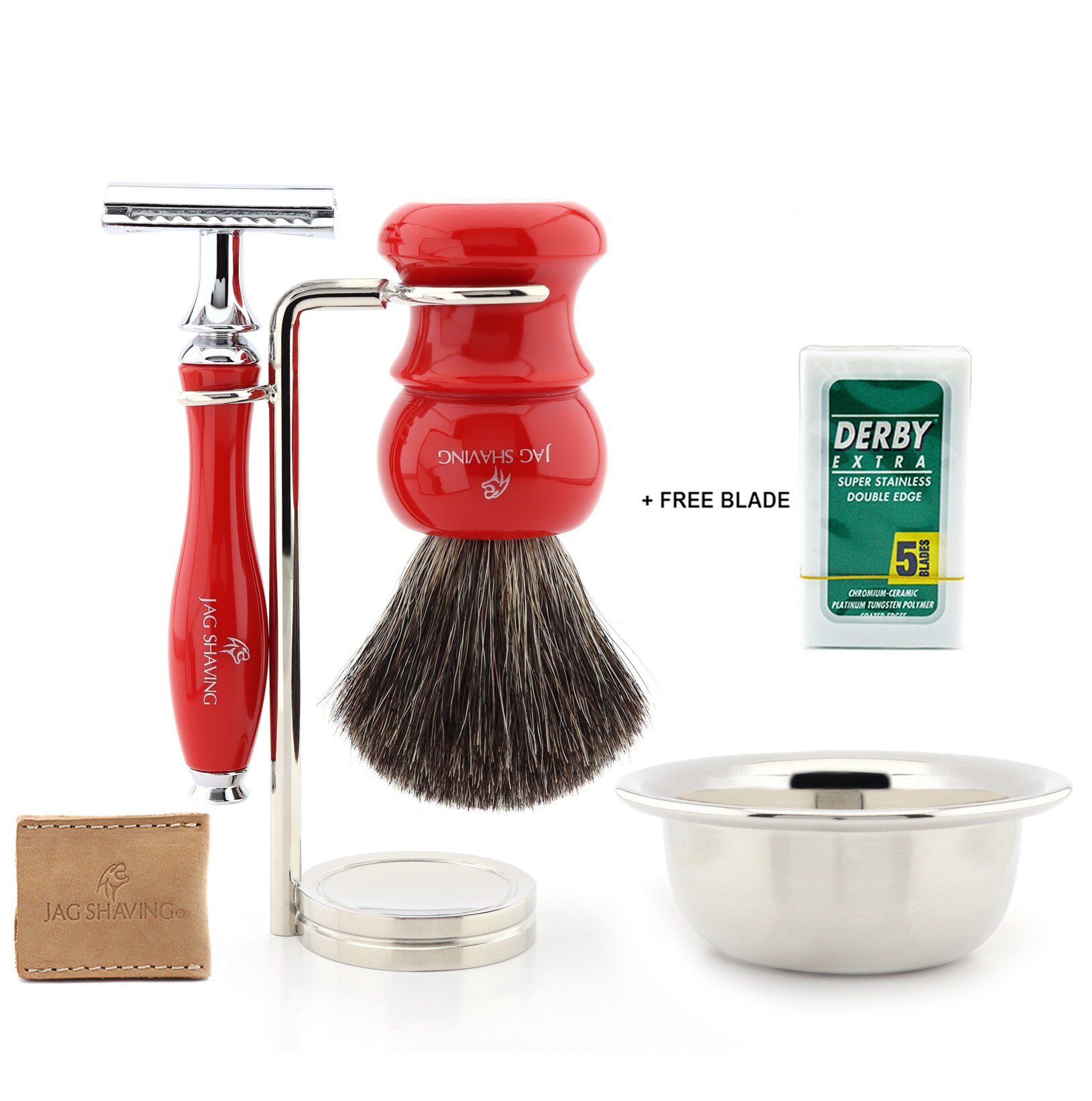 Chrome Shaving Set DERBY Razor Blades Leather Case Double Razor Beautiful Design Safety Shaving